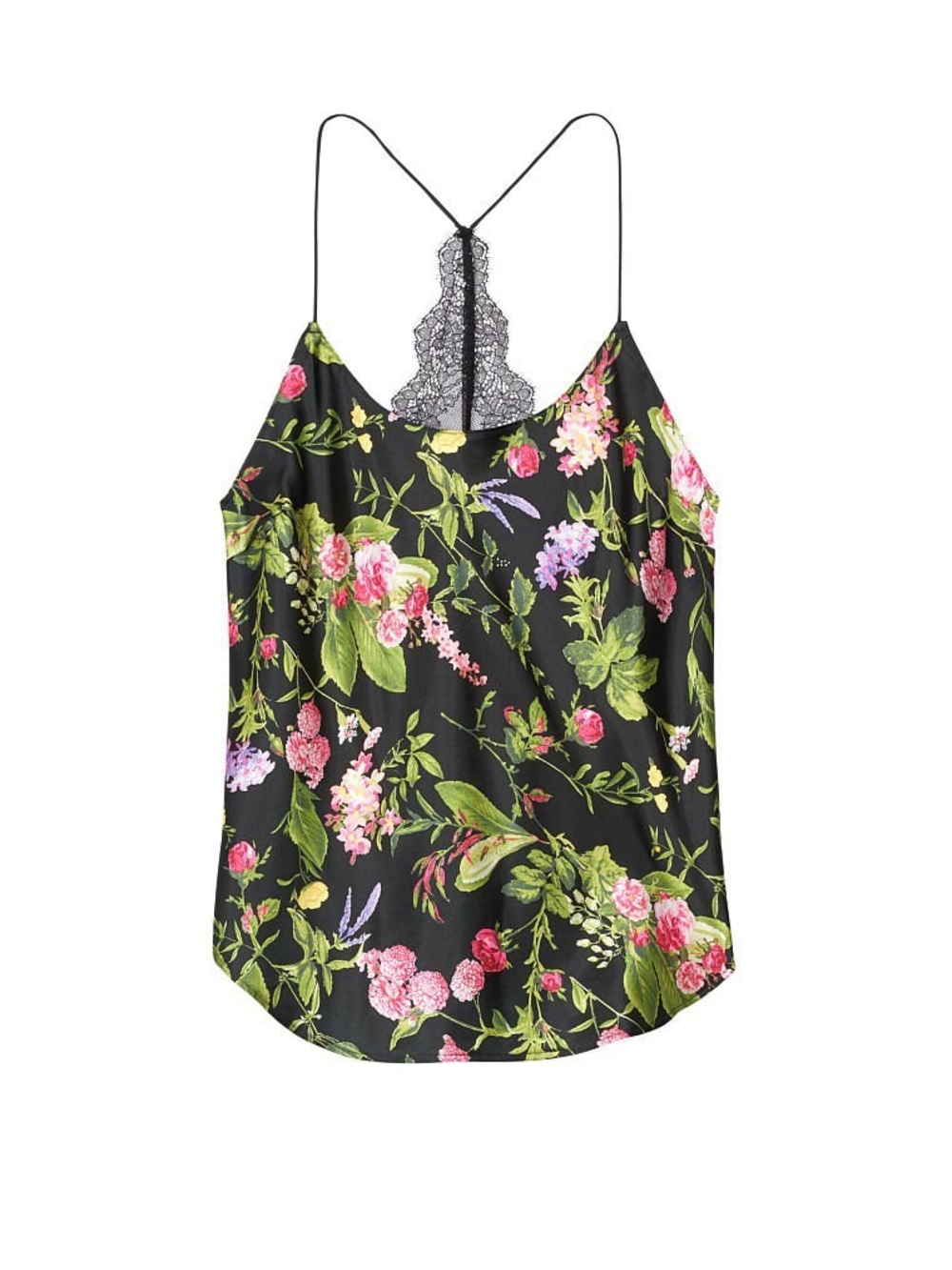 Victoria's Secret Black Floral Satin Lace Racerback Cami Pajama Top Size L